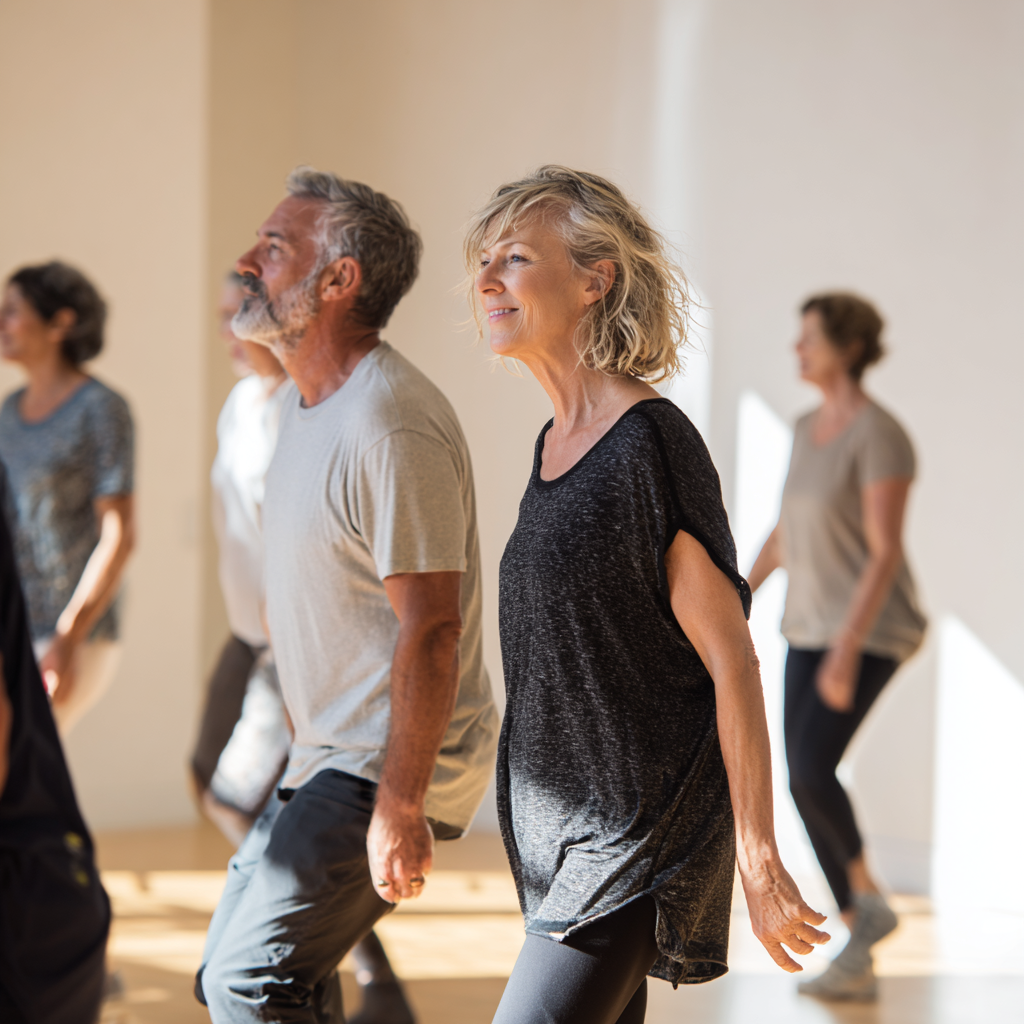 Middle-aged adults doing gentle movement exercises in bright studio