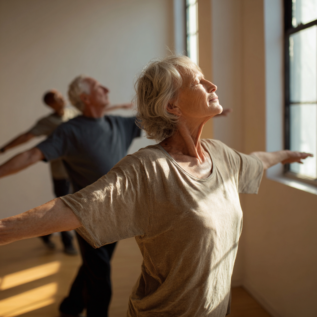 Older adults practicing gentle movements in natural light during different times of day